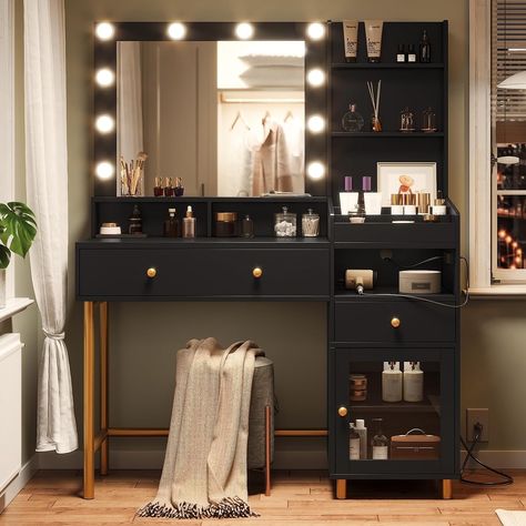 Makeup  Vanity with Lights in 3 Colors, Vanity Desk with Mirror and Lights,  Black Vanity Table Desk with Charging Station and Unique Separation  Design         Black Makeup Vanity with 10 Premium LED Bulbs  & Open Drawer Design 1️⃣【Vanity Desk with… Black Vanity Table, Black Vanity Desk, Make Up Desk, Black Makeup Vanity, Vanity With Lights, Separation Design, Gaming Desk With Storage, Tv Stand Bookshelf, Open Storage Shelves