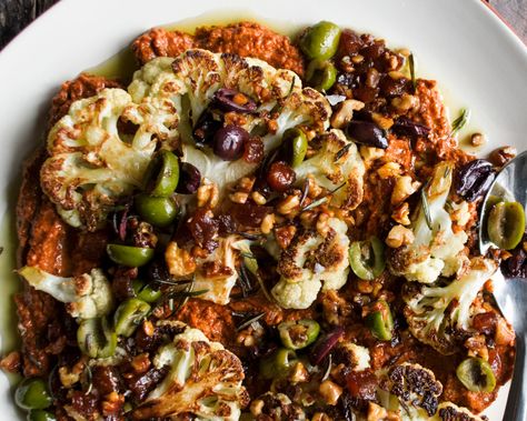 Cauliflower Steaks with Muhammara & Olive Relish - The Original Dish Muhammara Recipe, Roasted Cauliflower Steaks, Cauliflower Dishes, Cauliflower Steaks, Olive Relish, Vegetarian Side Dishes, Vegetarian Entrees, Delicious Vegetables, Roasted Beets