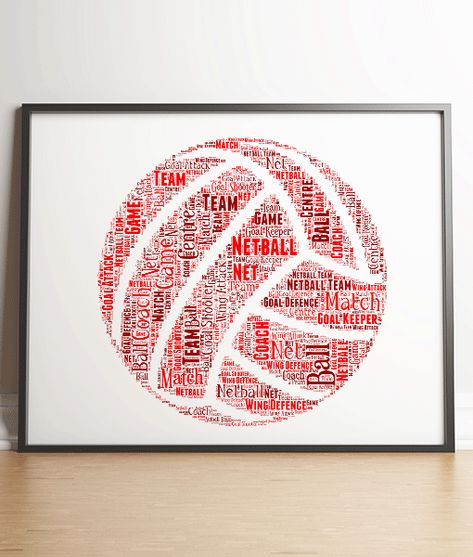 Personalised Netball Word Art - Netball Player GiftABC Prints  Create your own netball shaped word art print.    You get to choose all the words for your print.  We highly recommend adding places, dates, names or venues which are meaningful to the person receiving the gift to make it extra special.  Makes a lovely personalised gift for a netball player or as a great art display for a netball club.    How to personalise your print:      1. Select the size of your print.  2. Choose the frame you w Netball Wallpaper, Netball Net, Netball Quotes, Netball Coach, Art Clouds, Genius Hour, Digital Inspiration, Sports Party, Personalized Football