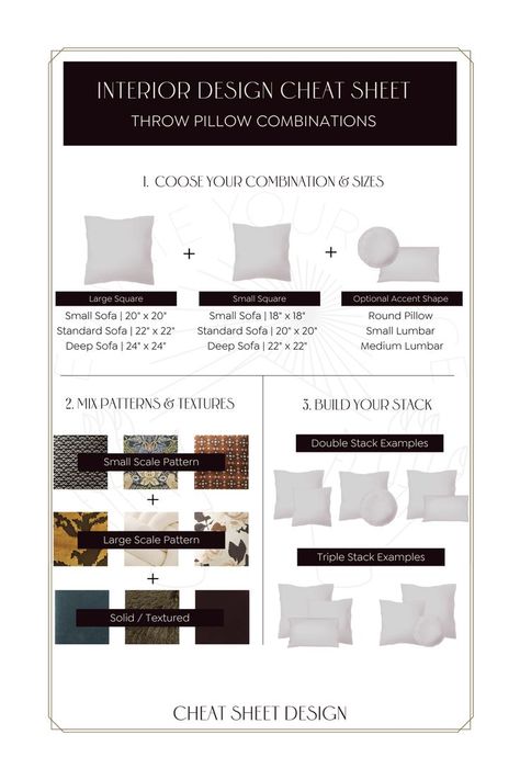 Accent Pillow Size Chart, Interior Design Rules Cheat Sheets, Interior Design Tips Cheat Sheets, Interior Design Cheat Sheets, Design Cheat Sheet, Modern Traditional Interior Design, Modern Eclectic Interior Design, Throw Pillow Arrangement, Types Of Interior Design Styles