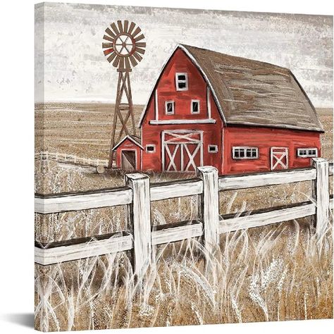 August Grove® Framed On Canvas Print | Wayfair Farm Paintings Landscape, Old Barns Rustic Paintings, Farmhouse Paintings On Canvas, Farmhouse Drawings, Farmhouse Painting Ideas, Barn Paintings On Canvas, Farmhouse Drawing, Old Barn Paintings, Old Barns Rustic