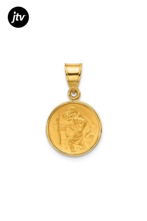 14k yellow gold polished and satin St. Christopher medal pendant. Measures approximately 13/16"L x 1/2"W and has a 4mm bail.