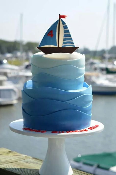 Sailboat and water cake Sailboat Cake, Sailboat Birthday, Boat Cake, Ocean Cakes, Nautical Cake, Beach Cakes, Cake Central, Cool Birthday Cakes, First Birthday Cakes