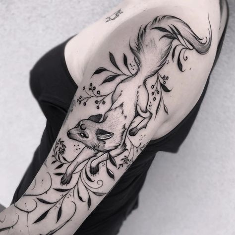 Gothic Fox Tattoo, Jumping Fox Tattoo, Fox Arm Tattoo, Black Fox Tattoo, Chestnut Tattoo, Kitsune Tattoo, Fox Tattoo Design, Fantasy Tattoos, Inspiration Tattoos