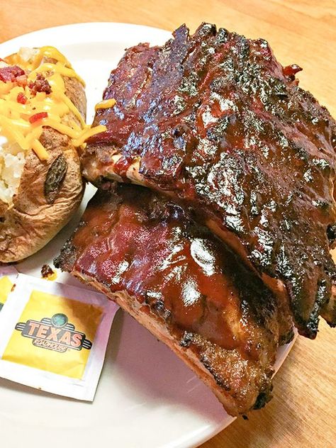 Full slab of Fall-Off-The-Bone Ribs at Texas Roadhouse. They get 3-days of preparation, with a unique blend of seasonings and a signature BBQ sauce. AD Texas Roadhouse Ribs Recipe, Texas Roadhouse Ribs, Texas Food Recipes, Restaurant Hacks, Blueberry Crunch, Texas Food, Ribs Recipe, Texas Roadhouse, Easy Blueberry