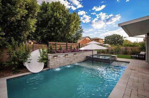 Family Friendly Backyard, Backyard Swimming Pool Ideas, Arizona Backyard Landscaping, Lavender Landscape, Arizona Pools, Backyard Spa, Luxury Landscaping, Pool Water Features, Arizona Landscape