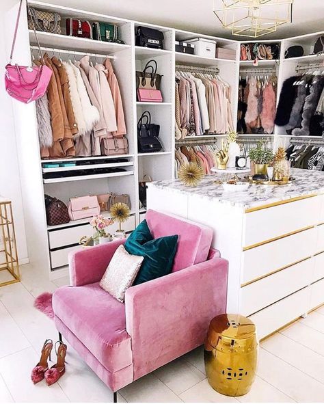 Trendy and feminine dream closet with pink accents, white built-in shelving, and a glam closet island. Dream Dressing Room, Dressing Room Closet, Dream Closet Design, Walk In Closet Design, Wardrobe Room, Closet Decor, Closet Room, Dream Closets, Glam Room