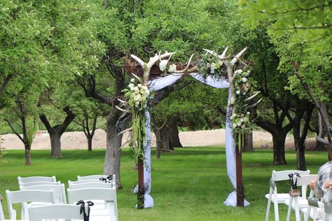 Arch with elk and deer antlers, fabric and flowers. By Green Apple Events Wedding Arch With Antlers And Flowers, Elk Antler Wedding Arch, Antler Wedding Decor, Deer Antler Crafts, Wedding Arches Outdoors, Elk Horn, Antler Wedding, Antler Crafts, Wedding Arch Rustic