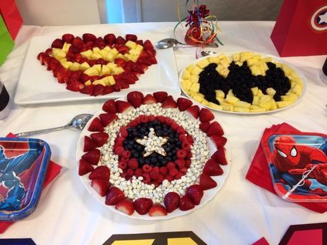 Superhero fruit trays! | Superhero Birthday Party ideas ... Superhero Baby Shower, Marvel Party, Fruit Trays, Baby Superhero, Birthday Party Snacks, Avenger Birthday Party, Batman Party, Avengers Birthday, Batman Birthday