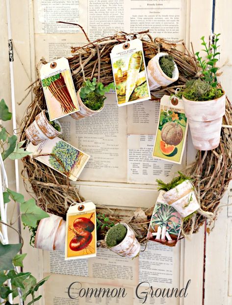 Common Ground: What a Year! Seed Packet Garden Wreath Potted Geraniums, Garden Wreath, Vintage Seed Packets, Common Ground, Seed Packets, Garden Crafts, Spring Crafts, Summer Wreath, How To Make Wreaths