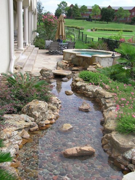 DIY Rock Water Garden Diy Rock Garden, Rain Garden Design, River Rock Garden, Kolam Koi, Taman Air, River Rock Landscaping, Pond Waterfall, Rock Garden Design, Pond Landscaping