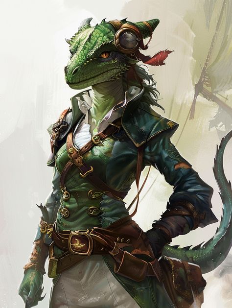 Green Dragon Humanoid Pirate Green Dragon Human Form, Humanoid Fantasy Races, Pirate Dnd Character, Dragonborn Character Design, Female Dragonborn, Pirate Clothes, Humanoid Dragon, Dnd Npc, Dragon Born