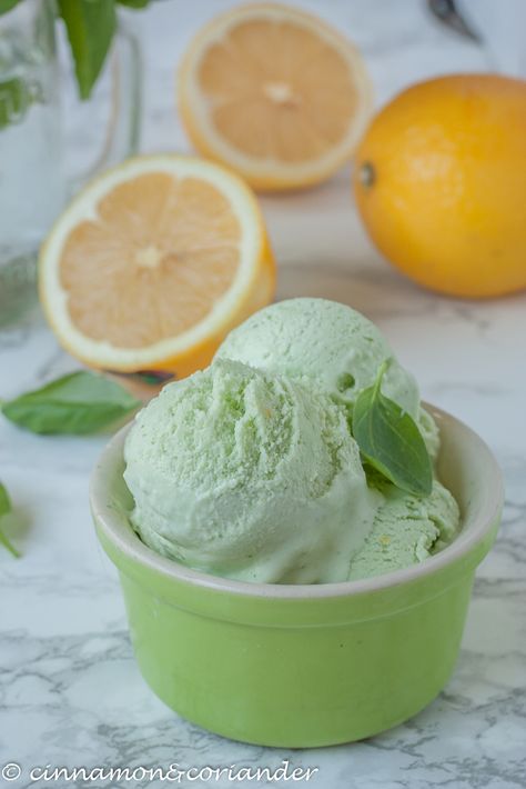 Creamy Basil Ice Cream Recipe - gelato just like in Italy Italian Gelato Recipe, Basil Ice Cream, Gelato Flavors, Gelato Recipe, Dessert Parfait, Ice Cream Base, Lemon Basil, Ice Cream Machine, Ice Cream Flavors