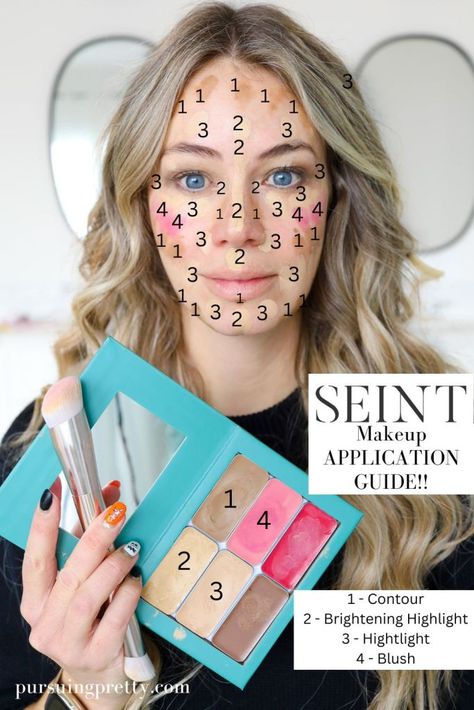 SEINT Makeup Before and After - Pursuing Pretty Seint Application Chart, Makeup Order Of Application Contour, Makeup Order Of Application, Seint Makeup Application Chart, Do You Contour Before Or After Foundation, Seint Makeup Application Diagram, Highlight Contour Blush Placement, Saint Makeup, Eyeshadow Techniques