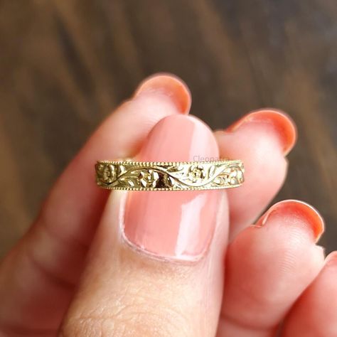 Solid 10K Yellow Gold Wedding Women's Band, Engagement & Anniversary Band in 950 Platinum, Floral Filigree Design Band, Antique Gold Band - Etsy UK Engagement Rings Floral Band, Wedding Bands For Women Floral, Gold Floral Wedding Ring, Aesthetic Promise Rings Gold, Simple Gold Wedding Bands, Vintage Wedding Bands For Women Gold, Engraved Gold Band, Creative Wedding Bands, Mexican Rings Gold