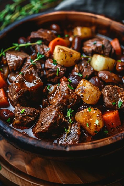 Beef stew with chunks of beef, potatoes, carrots, and herbs in a wooden bowl. Half Baked Harvest Beef Bourguignon, Healthy Hearty Recipes, Classic Beef Bourguignon, Beef Bourguignon Pioneer Woman, Beef Wine Recipes, Beef And Onion Recipes, Red Wine Meals, Beef Stewing Meat Recipes, Beef Borginoine Julia Child