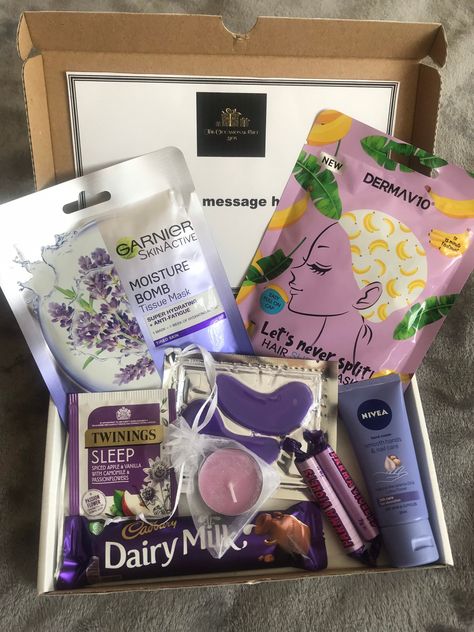 Treat yourself or someone special to one of our pamper gift boxes. Perfect for any occasion whether that be for a birthday, distance care package, mothers day, pick me up or even just because... This is an A5 sized box.  Content: - Garnier Face Mask - Hair Sheet Mask - Nivea Hand Cream  - Under Eye Gel Mask - X2 Parma Violets - Twinnings Tea bag - candle - Chocolate  * Product types may change due to stock availability however will be equally as good.  If you would like to send a message to the Twinnings Tea, Chocolate Product, Hampers For Her, Christmas Gift Hampers, Birthday Hug, Emprendimiento Ideas, Parma Violets, Personalised Gifts Diy, Mask Hair