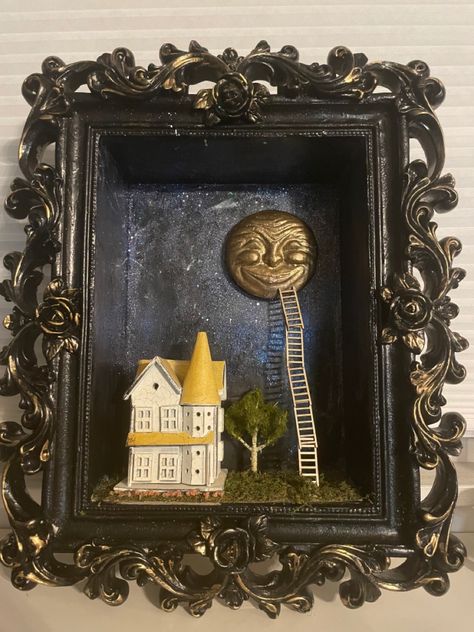 Assemblage, diorama, moon by Johna Stephens Creepy Diorama, Frame Diorama, Diorama Sculpture, Assemblage Art Mixed Media, Diorama Art, Halloween Tea Party, Box Assemblage, Advent Box, Shadow Box Art