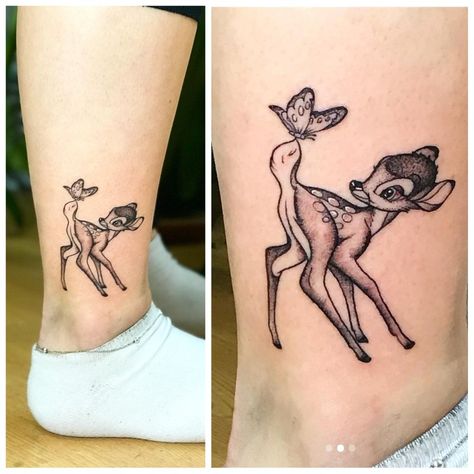 Bambi And Mom Tattoo, Bambi Tattoo Disney, Bambi Tattoo, Lilac Tattoo, Rosary Tattoo, Mom Daughter Tattoos, Disney Sleeve, Mother Daughter Tattoos, Matching Tattoo