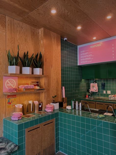 #matcha #matchalatte #nyc #newyork #newyorkcity #summer #summervibes #aesthetic #pink #cafe Colorful Cafe Interior, Matcha Bars, Resturant Design, Matcha Cafe, Strawberry Matcha, Green Cafe, Smoothie Shop, Pink Cafe, Soda Shop