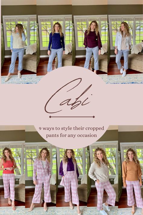 Styling Cabi playdate crop pants and tessera crop pants Cropped Pants Outfit, Cropped Outfits, Coral Sweater, Cropped Wide Leg Pants, White Denim Jacket, Spring Weather, Purple Blouse, Kick Flares, Caramel Color