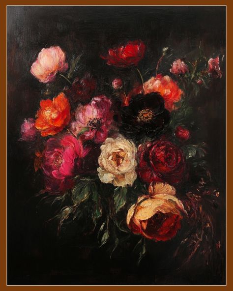 Dive into the depths of beauty with this striking oil painting, showcasing a lush bouquet of roses in a variety of vibrant and dark hues. Each brushstroke adds a rich texture and depth, making this art print a powerful statement piece. Perfect for bringing an element of drama and sophistication to any room, this artwork is ideal for those who appreciate bold, romantic decor. Features: High-resolution digital art of a textured floral oil painting Features a variety of roses in rich, dark colors Perfect for adding a touch of elegance and drama to any space Ideal for living rooms, bedrooms, or as a focal point in a dining area Available as a digital download Enhance your decor with the timeless elegance of dark floral art. Order now to infuse your space with the romantic allure of this exquis Flower Bouquet Oil Painting, Oil Painting Floral, Dark Floral Painting, Moody Paintings, Botanical Art Vintage, Vintage Floral Painting, Rose Texture, Moody Botanical, Elements Of Drama