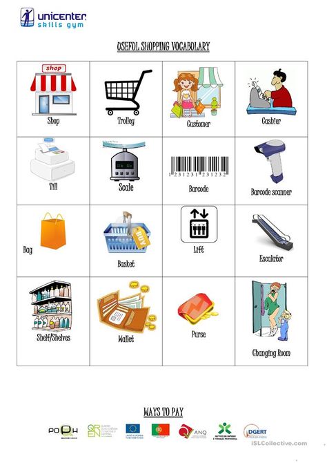 Shopping vocabulary - English ESL Worksheets for distance learning and physical classrooms Australian English, Grammar English, Esl Teaching Resources, English Teaching Resources, Esl Resources, Picture Dictionary, English Writing Skills, English Language Learners, Vocabulary Worksheets