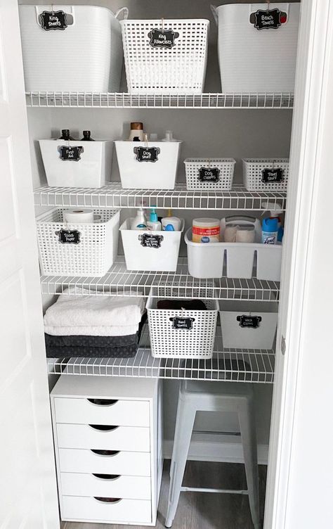 Make Your Linen Closet Beautiful and Organized » Maximize Linen Closet Space, Bathroom Closet Organization Wire Shelving, Bathroom Linen Closet Organization Master Bath, Lenin Closet Organization, Bathroom Linen Cabinet Organization, Apartment Linen Closet Organization, Organize Hall Closet, Farmhouse Linen Closet, Small Linen Closet Organization Hallways