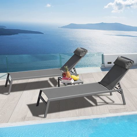 Domi Patio 3 Pieces Aluminum Textilene Chaise Lounge Set with Side Table Outdoor,Adjustable Back&Pillow for Yard,Garden,Sunbathing,for All Seasons,Gray Sunbathing Chair, Side Table Outdoor, Pool Lounge Chairs, Grey Patio, Pool Chairs, Outdoor Chaise Lounge Chair, Chaise Lounge Cushions, Patio Chaise Lounge, Table Outdoor