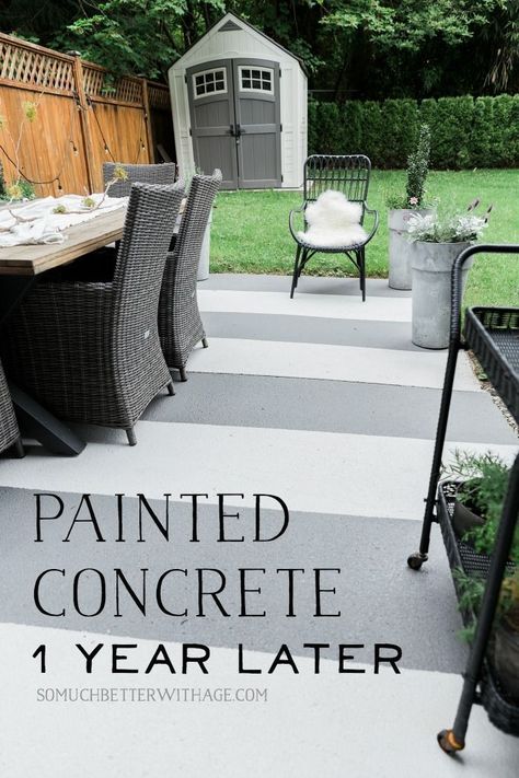 Last year, we decided to paint our concrete patio because a new one wasn't in the budget! I'm happy to report, on the blog, that the patio still looks amazing one year later. Get the full look on the blog. #somuchbetterwithage #patio #budgetDIY #diyhomedecor #patiomakeover #summerstyle Paint Concrete Patio, Concrete Patio Makeover, Painted Concrete, Concrete Patio Designs, Painted Concrete Floors, Concrete Patios, Painted Patio, Garden Floor, House Updates