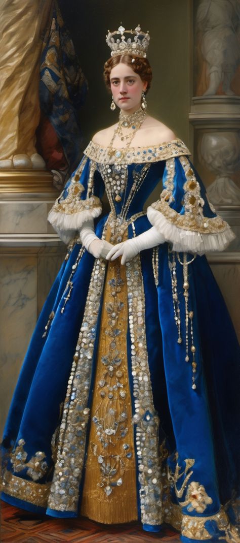 1500 Royal Dresses, European Royalty Fashion, Historical Dresses Victorian Ball Gowns, Royalty Aesthetic Gold, Queen Coronation Dress, Empress Outfit, Queen Outfits Royal, Historical Dresses Victorian, Empress Dress