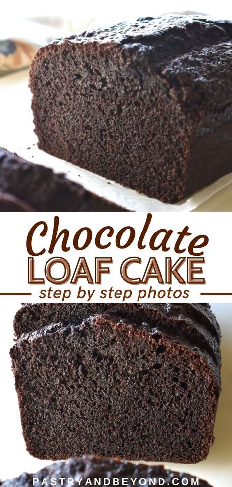 Collage for chocolate loaf cake with text overlay. Triple Chocolate Loaf Cake, Cake In Bread Pan, Smores Loaf Cake, Chocolate Pudding Loaf, Chocolate Loaf Bread Recipes, Chocolate Chip Loaf Cake Moist, Starbucks Loaf Cake Recipes, Chocolate Cake In Loaf Pan, Chocolate Cake Loaf Pan