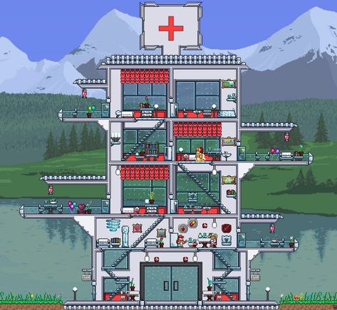 Terraria > Clearview Center & Clinic > building design ideas > hospital > nurse NPC | LadyAmalthea Terraria Npc Housing, Terraria Hospital, Terraria Nurse House, Clinic Building Design, Npc House Terraria, Terraria Npc House Ideas, Terraria Builds Ideas, Terraria Base Ideas, Clinic Building