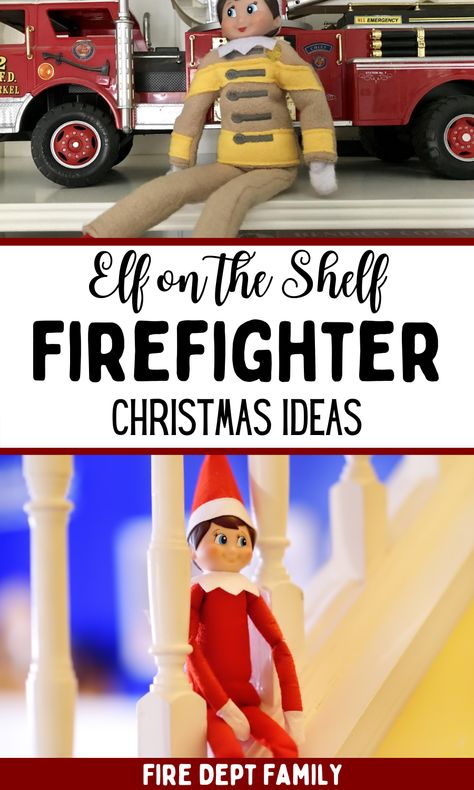 The Elf on the Shelf has arrived, and your elf has a lot of Firefighter options! Inside you'll find our favorite firemen inspired Elf on the Shelf Christmas Ideas that are fun for every firefighter loving family and first responder family! Elf On The Shelf Ideas Fireman, Wlf On The Shelf, Fire Department Christmas, Firefighter Room, Fireman Outfit, Firefighter Christmas, Firefighter Training, Firefighter Girlfriend, Firefighter Family