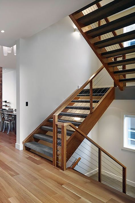 Open Tread Stairs Ideas, Open Tread Staircase Ideas, Open Tread Staircase Carpet, Open To Below Staircase, Open Tread Stairs, Internal Stairs Ideas, Switch Back Stairs, Open Stairwell To Basement, Open Stairs Ideas