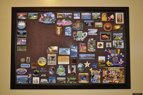 My magnetic travel magnetic board! Buy frame, insert metal bought in HVAC section of hardware store, apply fabric with spray adhesive! Easy and fun way to display magnetic collection! Souvenir Display, National Park Patches, Diy Magnets, Travel Crafts, Diy Display, Air Conditioning Repair, Spray Adhesive, Magnetic Board, Hardware Store