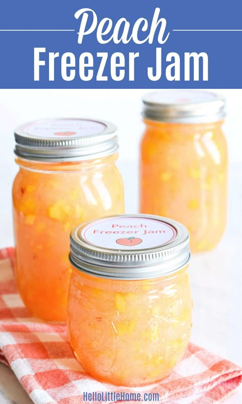 Looking for Peach Recipe Ideas? Then you’ll love this delicious Peach Freezer Jam recipe! Learn how to make the BEST Peach Freezer Jam with only 3 ingredients: fresh peaches, sugar, and pectin (Sure Jell). This Frozen Peach Jam is super simple and easy to make, plus totally fool proof … you’ll love this No Cook Recipe! This homemade Jam is the perfect way to use fresh spring and summer fruit. Includes Free Printable Label. Vegetarian, Vegan, Dairy Free, Gluten Free. | Hello Little Home Peach Freezer Jam Recipe, Peach Freezer Jam, Peach Jam Recipe, Vegan Peach, Freezer Jam Recipes, How To Peel Peaches, Freezer Jam, Fudgy Brownie, Peach Jam