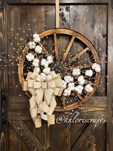 Farmhouse Everyday Wagon Wheel Wreath, All Seasons Country Wreath, Farmhouse Wreath, YearRound Cotton Pip Berry Rustic Wall Front Door Decor Approximately 24 inches wagon wheel wreath decorated with cotton, pip berries and burlap bows. Wagon Wheel Wreath, Wagon Wheel Decor, Wooden Wagon Wheels, Wheel Wreath, Fall Leaf Decor, Christmas Wreath Bows, Cotton Decor, Pumpkin Door Hanger, Wheel Decor