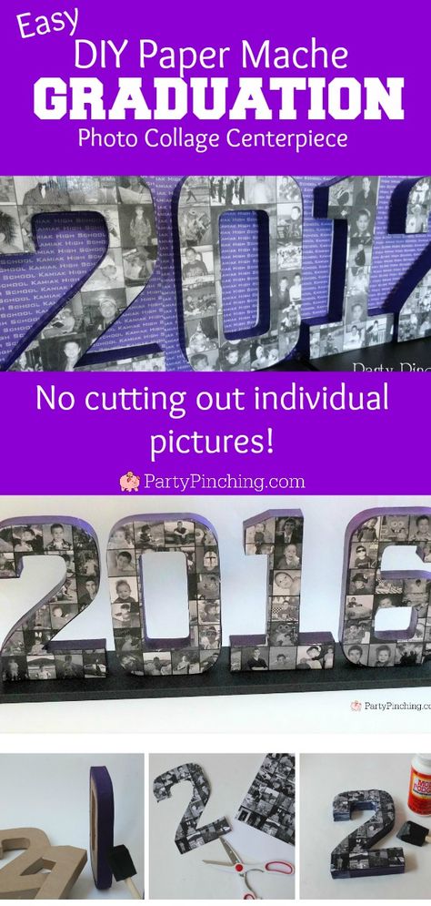 Paper Mache Numbers Decor, Photo Collage Numbers, Number Photo Collage Diy, Photo Number Collage, Photo Collage Letters, Paper Mache Numbers, Senior Boards, Easy Paper Mache, Graduation Photo Collage