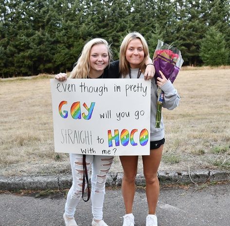 pride Funny Homecoming Proposals Friends, Homecoming Proposal Ideas For Lesbians, Prom Proposal For Girls, Gay Hoco Proposals Ideas, Lesbian Hoco Proposal Ideas, Lgbtq Proposal Ideas, Pride Signs Ideas Funny, Funny Hoco Proposals For Friends, Promposal Ideas For Friends