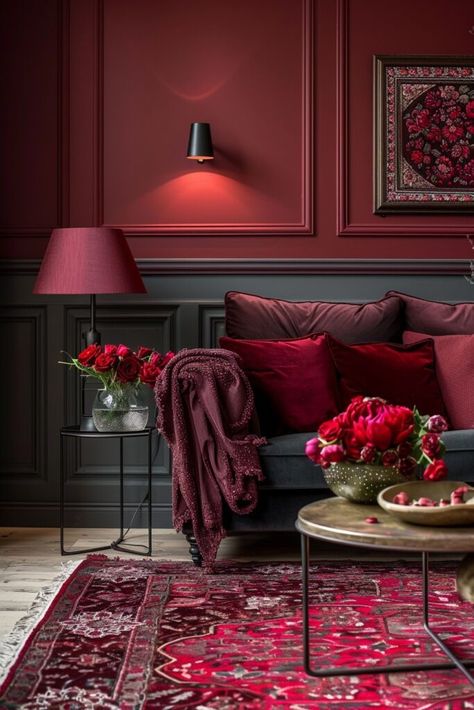 Opulent Dark Grey and Maroon Maroon Accent Living Room, Grey Wall Interior Design, Dark Red Home Decor, Grey Walls Interior, Maroon Walls Living Room, Color Combinations Interior Design, Maroon Living Room Ideas, Dark Luxury House, Maroon Room