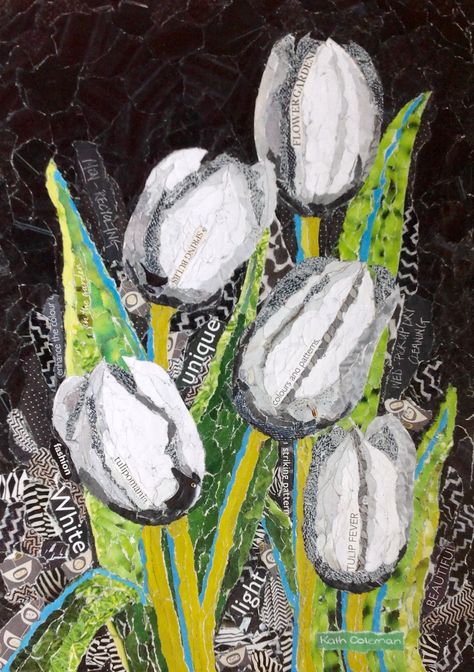 "White Tulips" by Kath Coleman. Paper collage Flower Wall Decor Ideas, Sewing Flowers, 7th Grade Art, Paper Mosaic, Collage Drawing, Mixed Media Art Canvas, Flower Collage, Collage Art Projects, Paper Collage Art