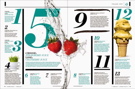 Womens Health Magazine Design - Nick Thackray | MagSpreads | Magazine Layout Inspiration and Editorial Design Modular Magazine Layout, Modular Grid Layout Magazine, Food Magazine Layout, Water Graphic, Health Magazine Layout, Magazine Layout Inspiration, 잡지 레이아웃, Magazine Layouts, Cucumber Water