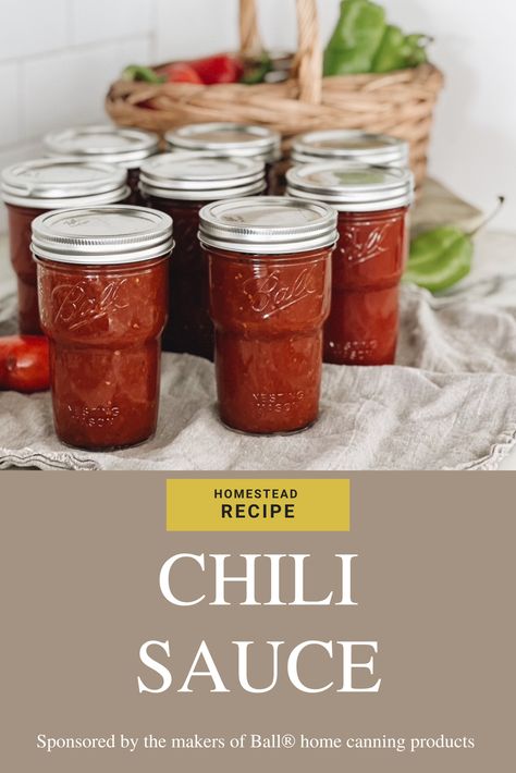 Chili sauce recipe from the makers of Ball® home canning products. With fresh Anaheim chilis and chili powder tamed by the sweetness of brown sugar, you've got a real winner on your hands. Homemade Chili Sauce For Canning, Chili Sauce Canning Recipes, Tomato Chili Sauce Recipe, Canned Chili Sauce Recipe, Canning Chili Sauce, Chili Base Recipe Canning, Chili Starter Canning Recipe, Recipe Jars, Chili Sauce Recipe Canning