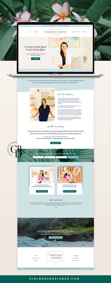 Blue And Green Website Design, Consulting Website Design Inspiration, Tropical Website Design, Blue Website Design, Bright Graphic Design, Wellness Website Design, Consultant Branding, Health Coach Website, Health Consultant