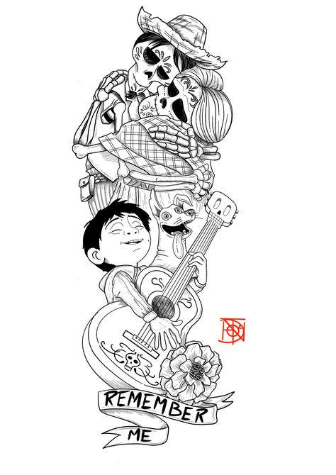 Disney Collage Drawing, Coco Disney Art, Coco Tattoo Disney, Disney Tattoo Drawings, Disney Flashsheets Tattoo, Disney Tattoo Flash, Flash Tattoo Disney, Disney Tattoo Designs, Coco Drawing