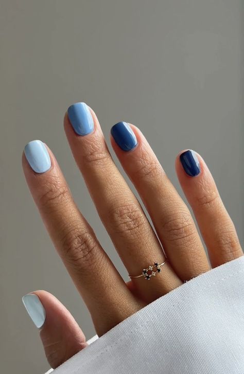 Gel Nails Block Colour, Shades Of Blue For Nails, Blue Palette Nails, Hues Of Blue Nails, Gel Nail Blue Designs, Monochromatic Blue Nails, Color Block Nails Simple, Blue Multicolor Nails Acrylic, Blue Nails Multicolor