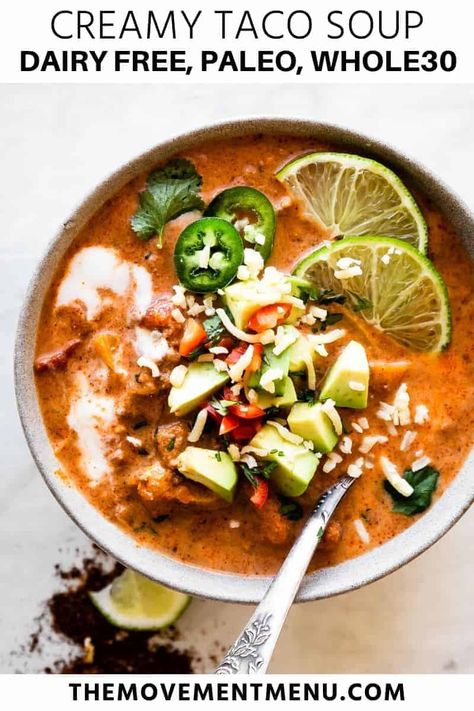 Dairy Free Tacos, Creamy Taco Soup, Whole30 Soup Recipes, Pumpkin Soup Easy, Dairy Free Keto, Vegan Pumpkin Soup, Whole 30 Meal Plan, Taco Soup, Healthy Soup Recipes