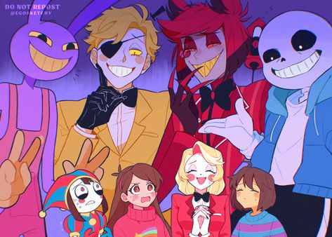 Four People Pfp, Hazbin Hotel Crossover, Fandom Crossover Fanart, Marlin X Gill, Cartoon Crossovers Fanart, Anime Circus, Pomni Tadc, Cartoons Fanart, Crossover Fanart