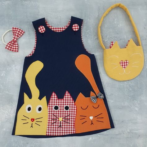 Girls Clothes Sewing, Baby Tulle Dress, Street Cat, Baby Clothes Patterns Sewing, Cat Applique, Girls Dresses Sewing, Sewing Kids Clothes, School Dress, Girl Dress Patterns